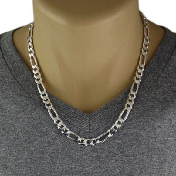 STERLING SILVER FIGARO CHAIN NECKLACE 8MM (GAUGE 220). AVAILABLE IN 5 LENGTHS. - Picture 3 of 3